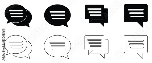 Popup bubble icons. Blog post comment icon. Write comment solid and line icon set. Chat icon set. Messaging and comment symbol. Solid and line black icon set. Vector illustration.