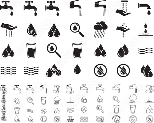 : Set of water-themed vector silhouettes featuring droplets and fluid shapes, ideal for clean and simple design projects..eps