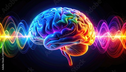 A vibrant, artistic illustration of the human brain with waves of color, representing activity and thought. The brain is the focal point, with a spectrum of hues radiating outward