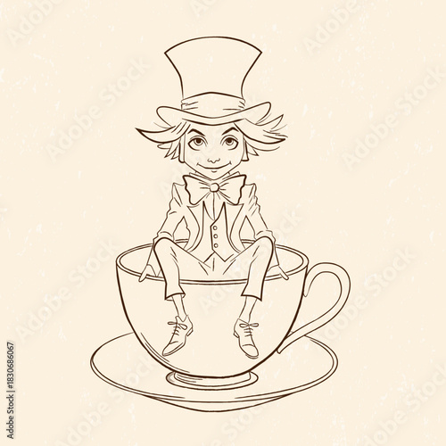 A flat vector illustration of the Mad Hatter character from Alice's Adventures in Wonderland, sitting inside a large teacup. He wears a blue suit, a red bow tie, and a blue top hat with a red ribbon.