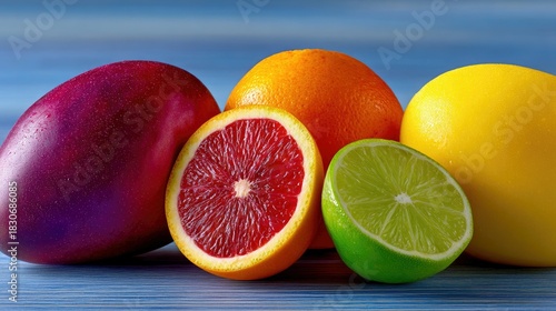 Fototapeta Naklejka Na Ścianę i Meble -  Close-up of a selection of fresh fruits including a mango, orange, grapefruit, lime, and lemon, arranged on a blue wooden surface.