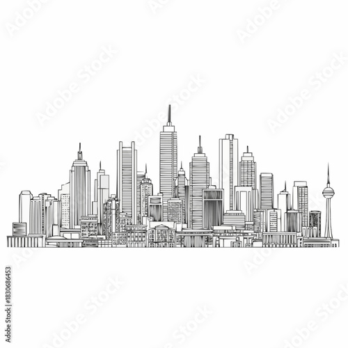 Hand drawn sketch of a modern city skyline illustration.