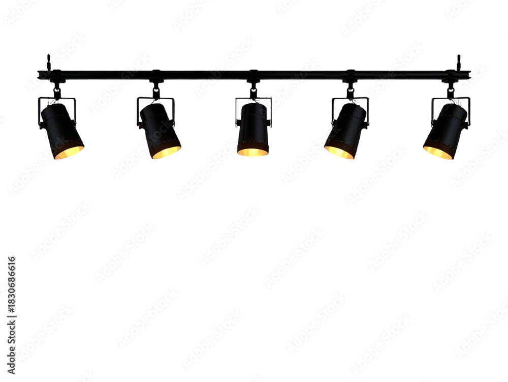 Fototapeta premium Five black metal track lights illuminate a stage or studio, providing focused lighting and spotlighting for events and performances. (144)
