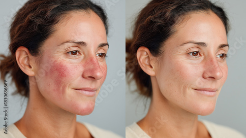 Side by side comparison of mature female face showing skin redness rosacea and healthy complexion after medical treatment.