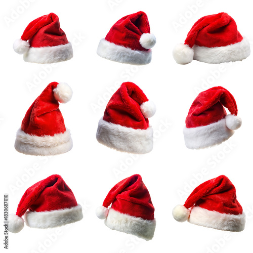 Collage with Santa Claus hats set, closeup objects. Isolated on transparent background. Christmas and New Year celebration