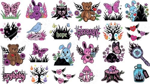 Colorful whimsical cartoon animals and nature elements collection with cute bunnies butterflies teddy bears hearts flowers and magical trees in playful vibrant vector art style 