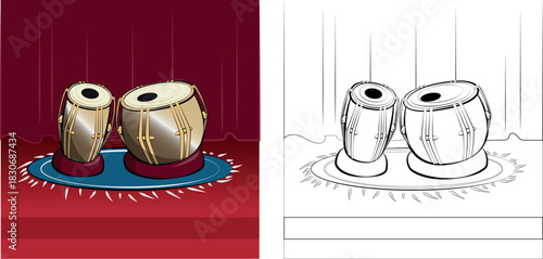 Tabla Musical Instrument Illustration Set – Colored and Line Art