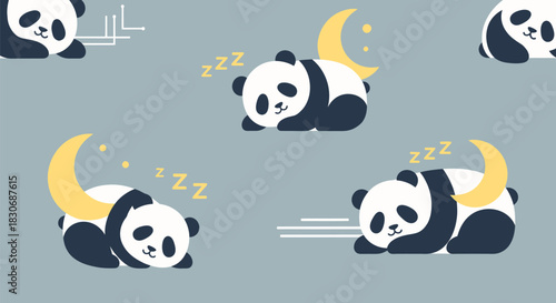 Cute sleeping pandas with crescent moons and zzz symbols on a blue background, adorable illustration.