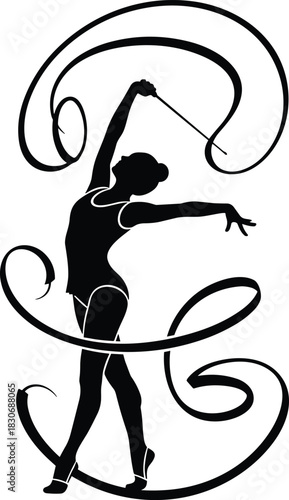 Rhythmic gymnast silhouette with swirling ribbon, elegant sport dance girl, artistic black design element, isolated on white, cad drawing flat vector illustration.