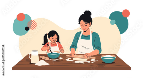 Mother and daughter bonding over a fun baking session at home, making dough and mixing ingredients on a rustic wooden table.