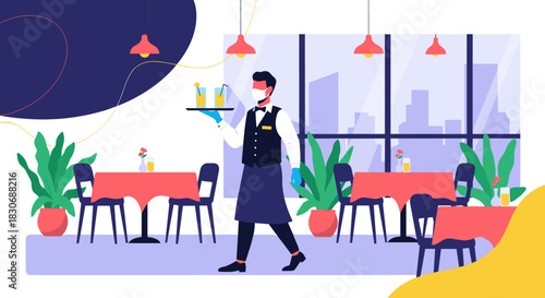 A waiter wearing a face mask and gloves serves drinks on a tray in a restaurant with tables, chairs, and plants.