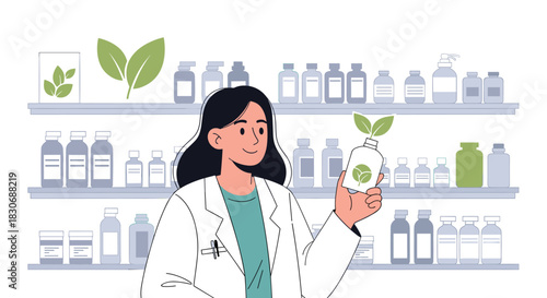 A female pharmacist in a lab coat holds a bottle with green leaves, symbolizing natural medicine, herbal remedies, and sustainable pharmaceutical products.