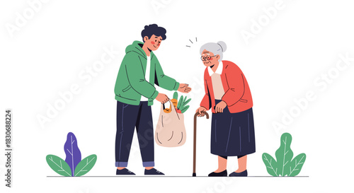 A kind young man helps an elderly woman by giving her a bag of groceries, demonstrating community support and care.
