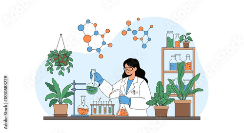 A female scientist conducts a chemistry experiment with laboratory equipment, solutions, plants, and molecular structures, highlighting botanical research.