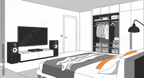 Modern bedroom interior with a large television, sound system, and an open wardrobe, presented in a clean, graphic illustration style.