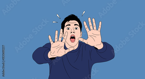 A shocked man with wide eyes and an open mouth holds his hands up defensively, expressing fear or surprise against a blue background.