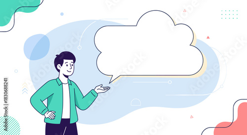 Illustration of a friendly man explaining or presenting, with a prominent cloud-shaped speech bubble for your message.