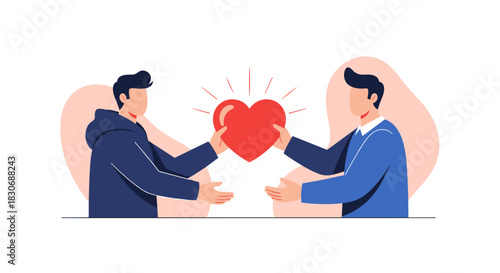 Two men exchanging a glowing red heart, symbolizing love, empathy, and mutual support in a relationship or act of kindness.