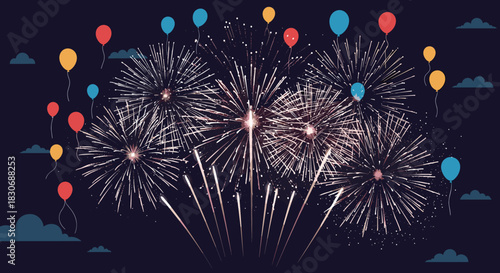 Bright fireworks illuminate the night sky, accompanied by colorful floating balloons, creating a festive atmosphere for celebration.