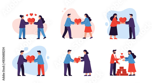 Various illustrations depicting men and women exchanging and offering red hearts, symbolizing love, relationships, care, and generosity.