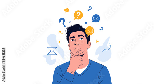 Young man in deep thought about emails and unresolved questions, symbolizing contemplation and problem-solving.