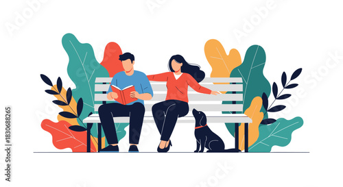 A man reads a book on a park bench while a woman sits beside him, interacting with their dog amidst vibrant foliage.