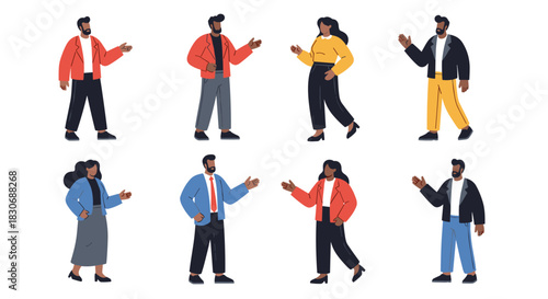 A diverse group of professional people gesturing and interacting, representing modern business communication.