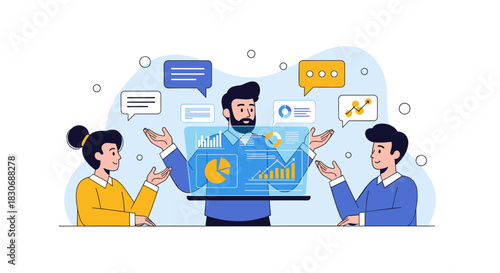 Business professionals analyze data with a presentation, fostering collaboration and communication for strategic decisions.