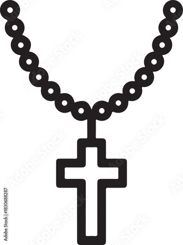 Vector outline icon of a religious rosary necklace with a Christian cross pendant symbol of spirituality and devotion.