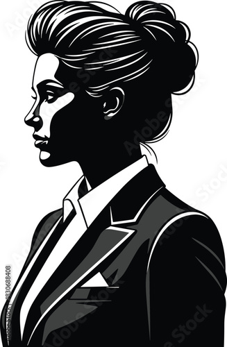 Professional business woman side profile silhouette in suit, female corporate portrait, black and white art, cad drawing flat vector illustration.