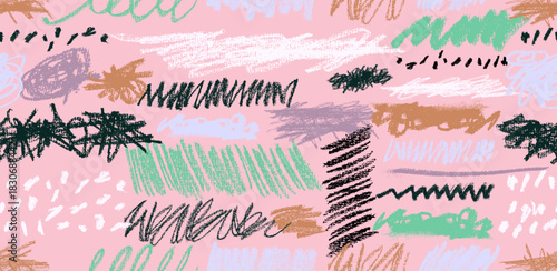 Seamless pattern with colored charcoal strikethrough lines, doodle. Hand drawn marker stripes, rough brush strokes, pencil sketch lines, scribble element forming an abstract vector textured background