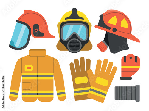 Illustration of various firefighter safety gear and equipment set