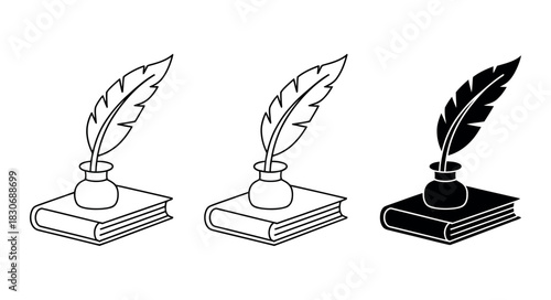 Three illustrations of books with quill and ink in different styles