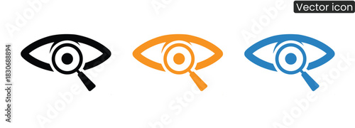 Eye examining details with a magnifying glass in black, orange, and blue for vision, search, security, investigation, or detective work icon symbol.
