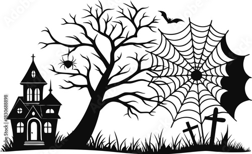 Spooky black vector illustration of a scary Halloween tree silhouette in a forest background