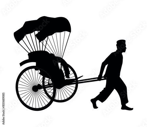 Silhouette of rickshaw puller pulling rickshaw on white background