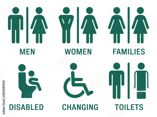 Green restroom signs indicating facilities for various groups
