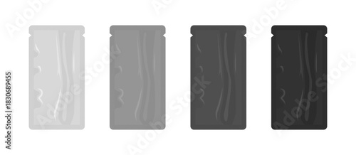 Four foil sachets showing different shades of gray for packaging design