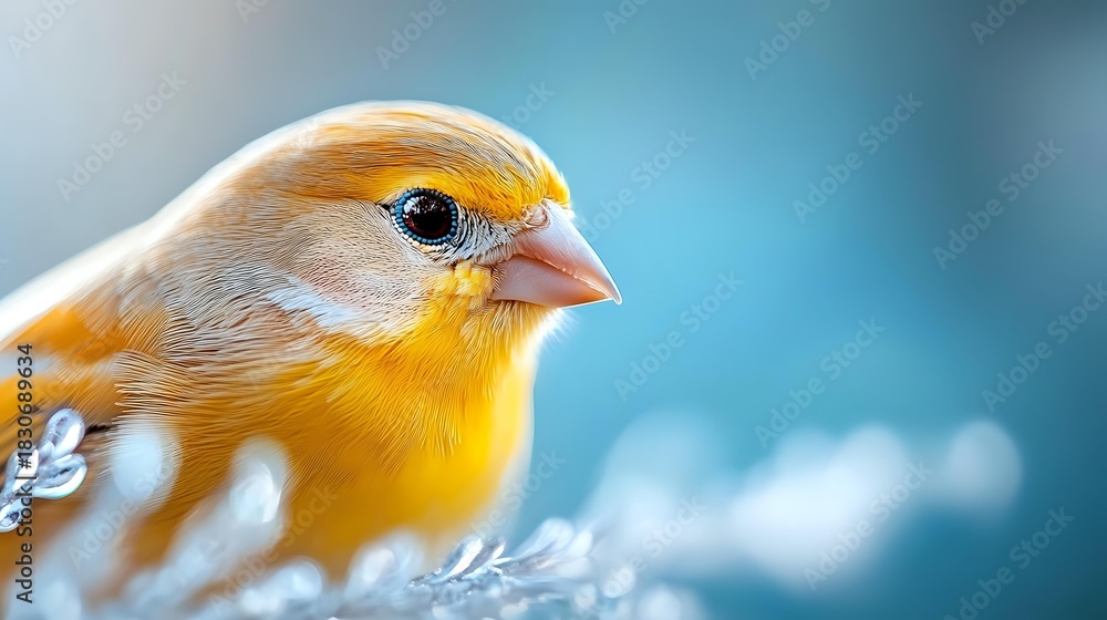 Obraz premium Close-up portrait of yellow canary bird with orange beak against soft blue bokeh background, showcasing vibrant plumage and gentle expression.