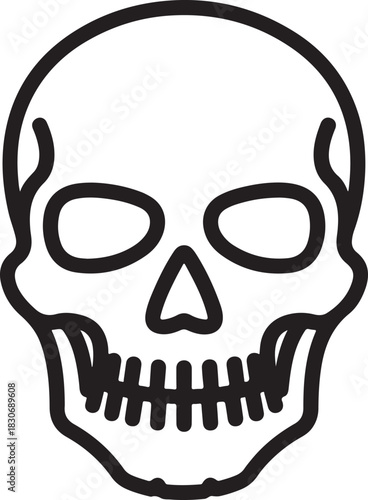 Vector outline illustration of a human skull, depicting skeletal remains and the concept of mortality.