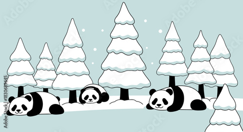Three cute pandas resting peacefully in a serene snowy winter forest with falling snowflakes.