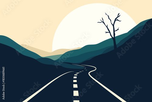 Tree, Stone, Rocks, Mountain Peak, Road, Moon, Sky, Sunset, Success, Business, Mountain, Road, Mindset, Artwork, Vector