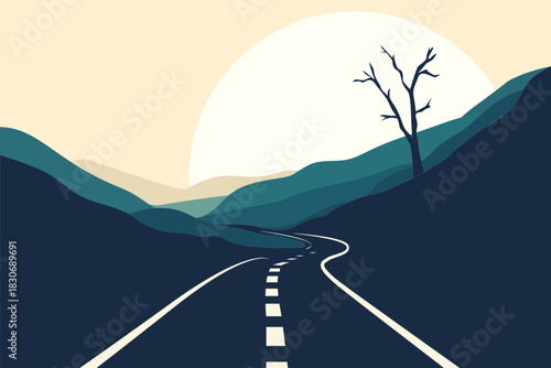 Tree, Stone, Rocks, Mountain Peak, Road, Moon, Sky, Sunset, Success, Business, Mountain, Road, Mindset, Artwork, Vector