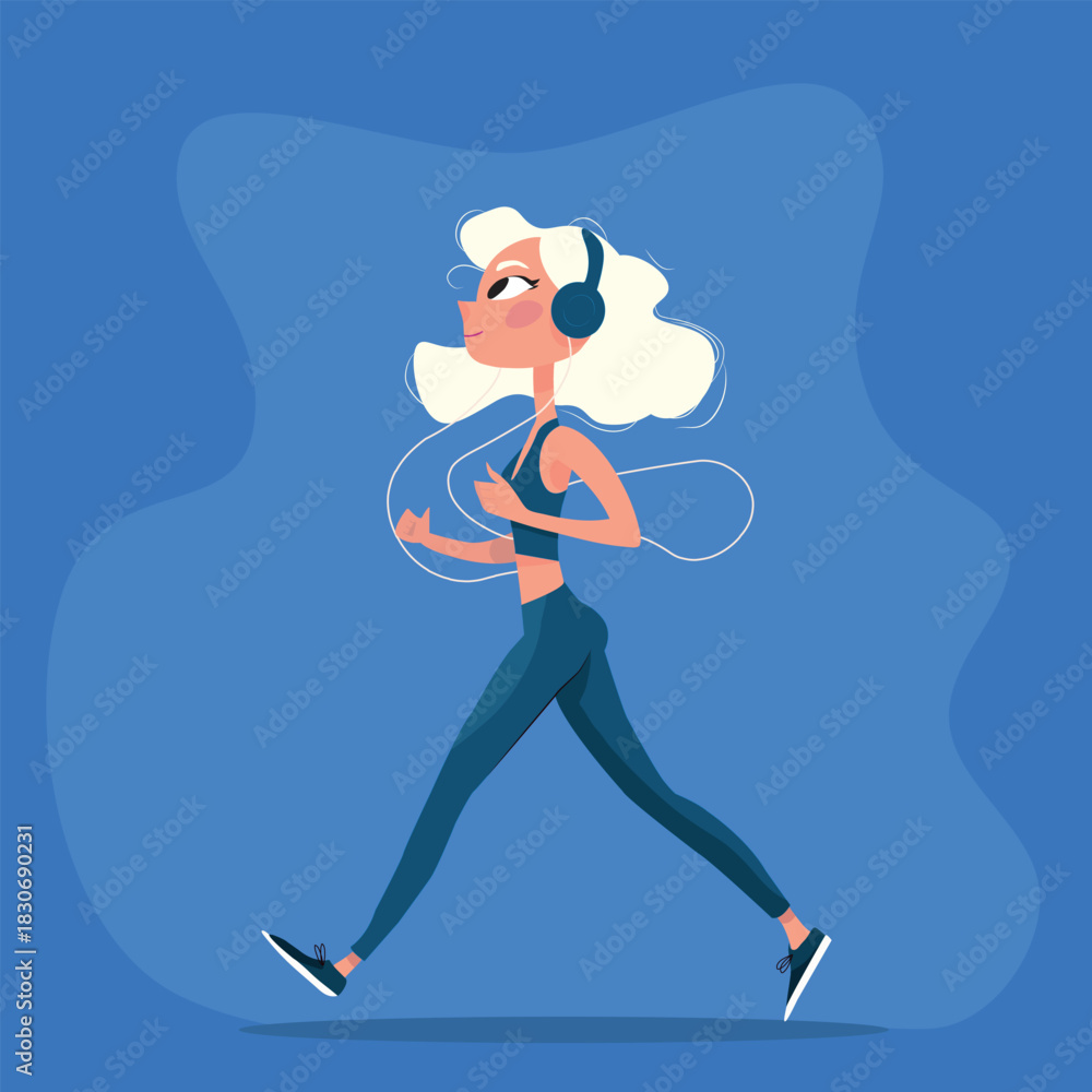 Fototapeta premium Active Woman Jogging in Headphones — Fitness Running Illustration
