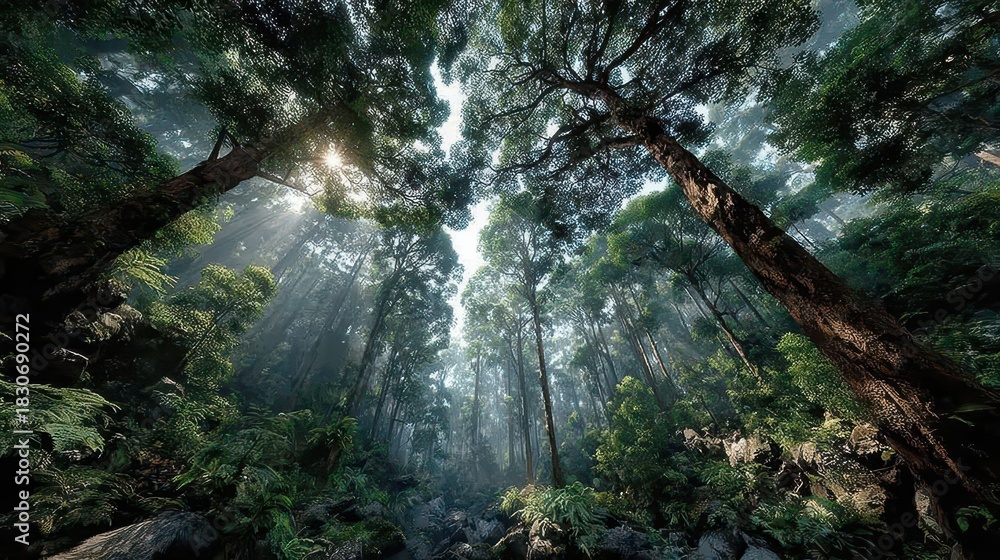 Fototapeta premium Sunlight filters through a dense forest canopy.