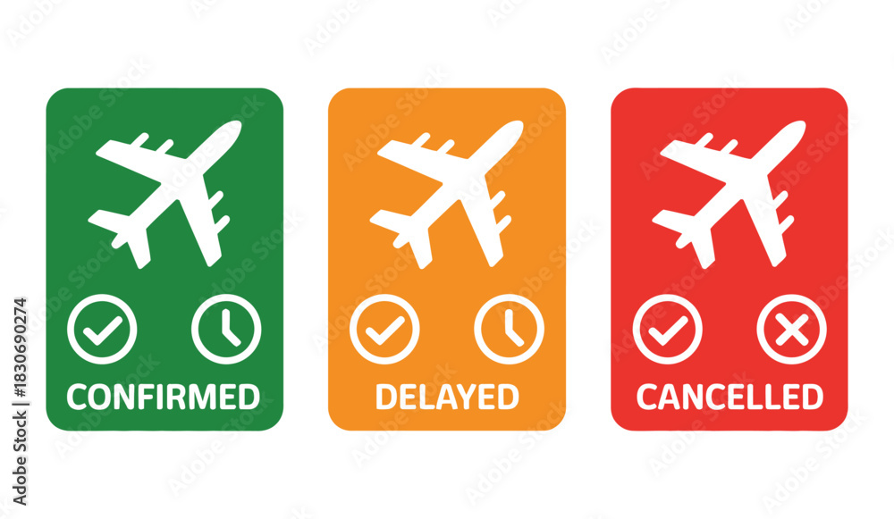 Fototapeta premium Three flight status icons confirmed delayed and cancelled planes
