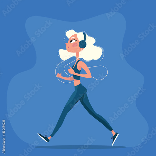  Active Woman Jogging in Headphones — Fitness Running Illustration