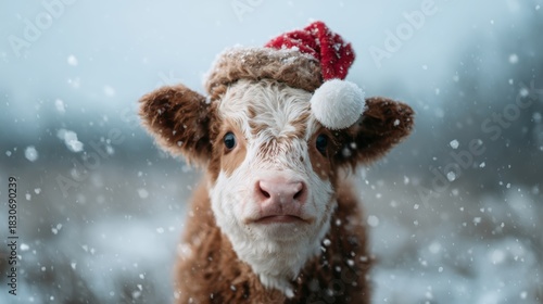 A charming calf adorned with a Santa hat brings festive cheer to a snowy landscape, capturing the innocence and joy of the holiday season in a whimsical rural setting.