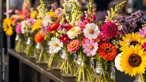 Colorful flower arrangements in jars on display at a market  