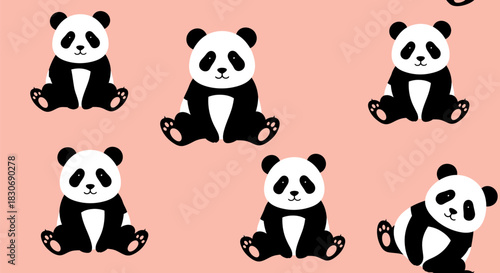 Cute cartoon panda bears pattern on a soft pink background, featuring multiple adorable pandas in various sitting poses.